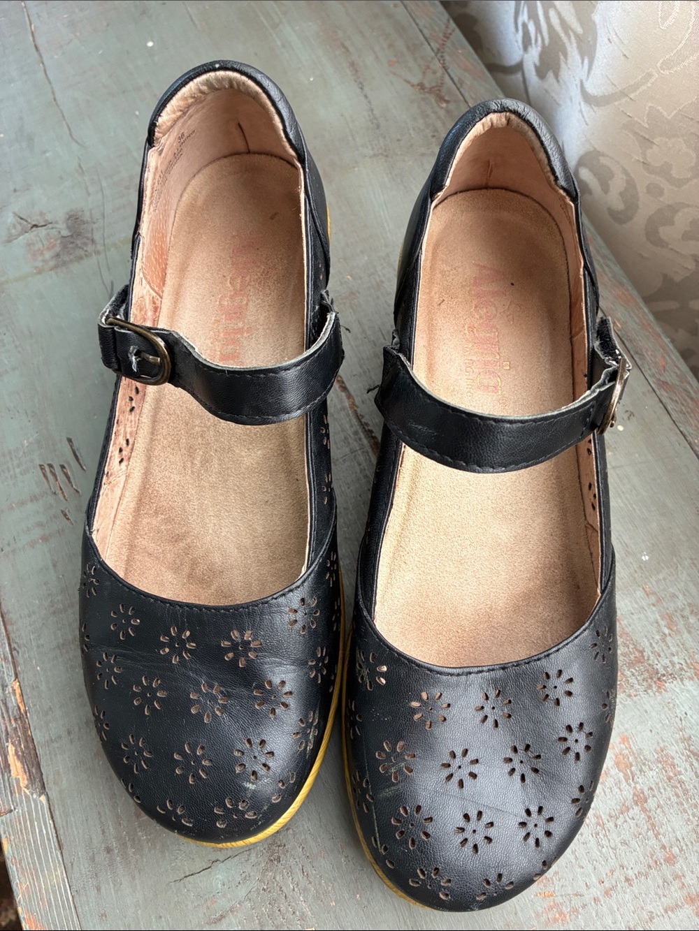 Alegria size 36 Black Mary Jane with Perforated Floral Detail